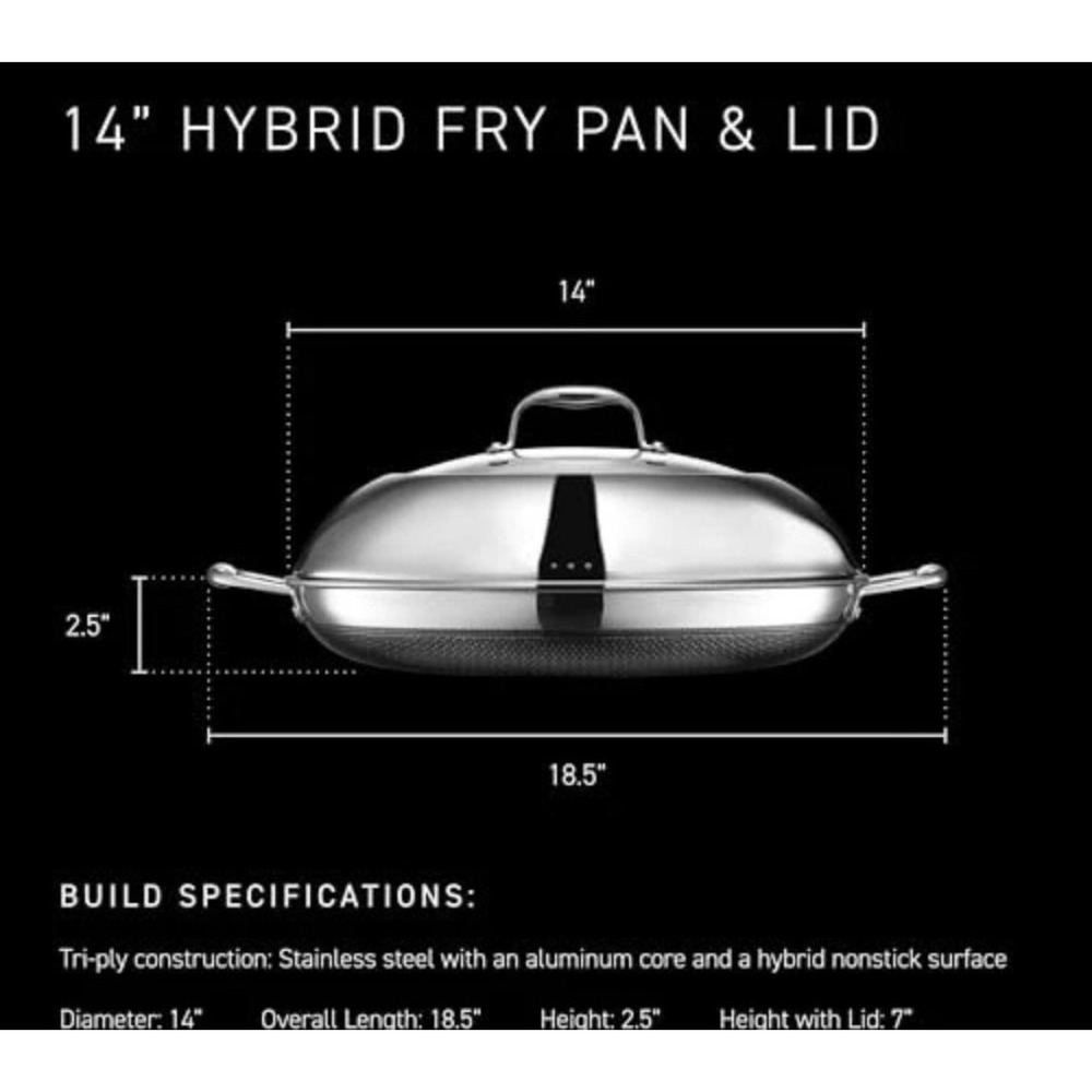 HexClad 14 Inch Hybrid Fry Pan with Lid Stainless Steel Nonstick Wok Style Pan - Picture 3 of 5